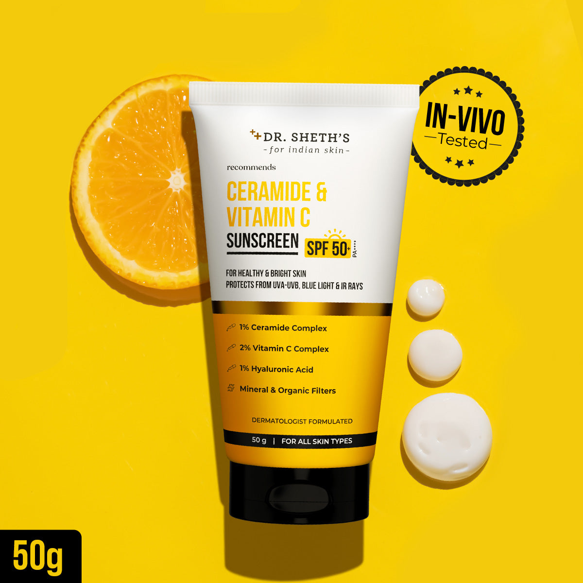Ceramide & Vitamin C Sunscreen - 50 gm In-Vivo Tested SPF 50+ PA ++++