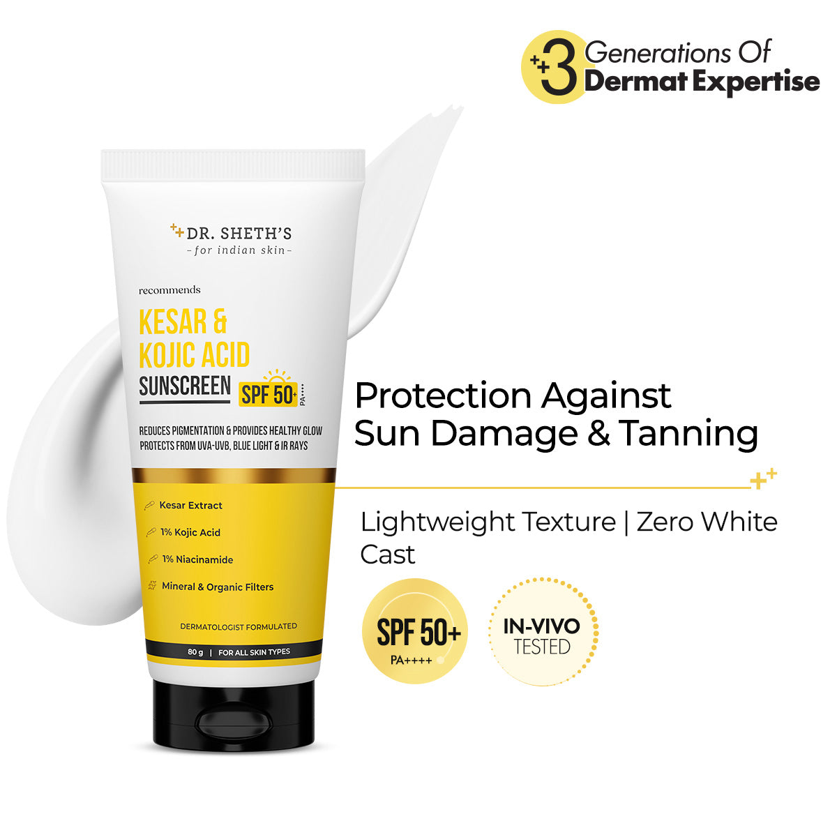 Kesar & Kojic Acid Sunscreen - 80g In-Vivo Tested SPF 50+ PA ++++