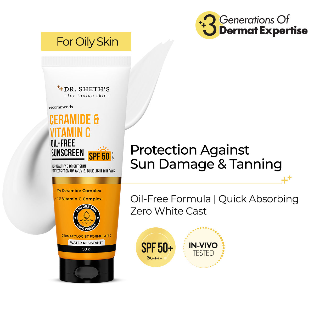 Ceramide & Vitamin C Oil Free Sunscreen - 50 gm In-Vivo Tested SPF 50+ PA ++++