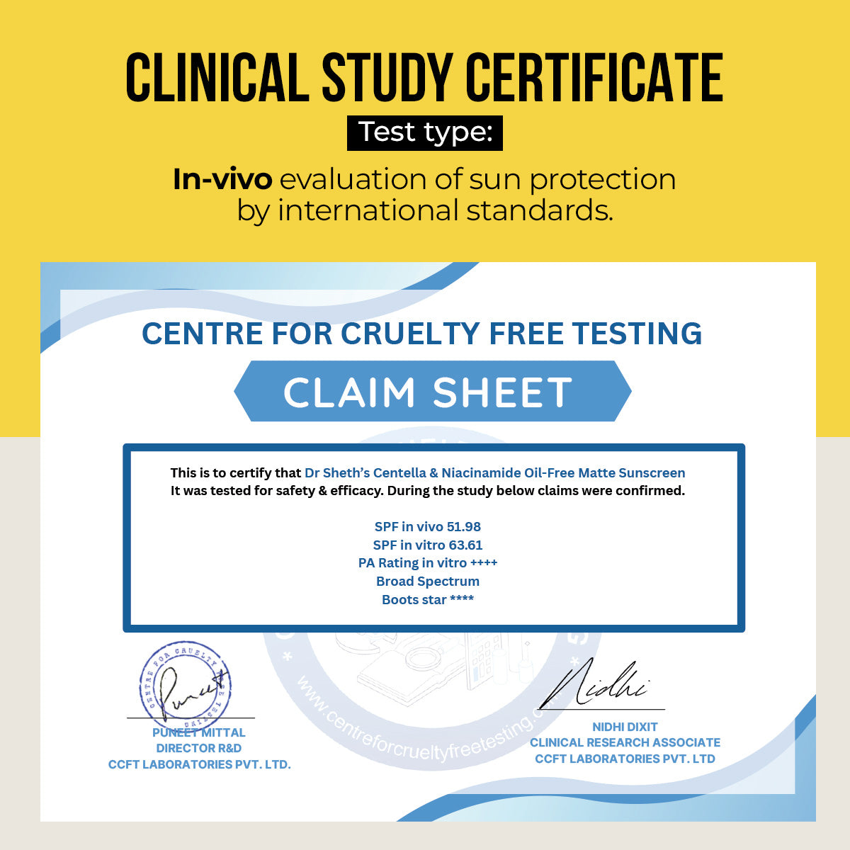 Dr. Sheth's Centella & Niacinamide Oil-Free Matte Sunscreen In-Vivo Clinical Certificate