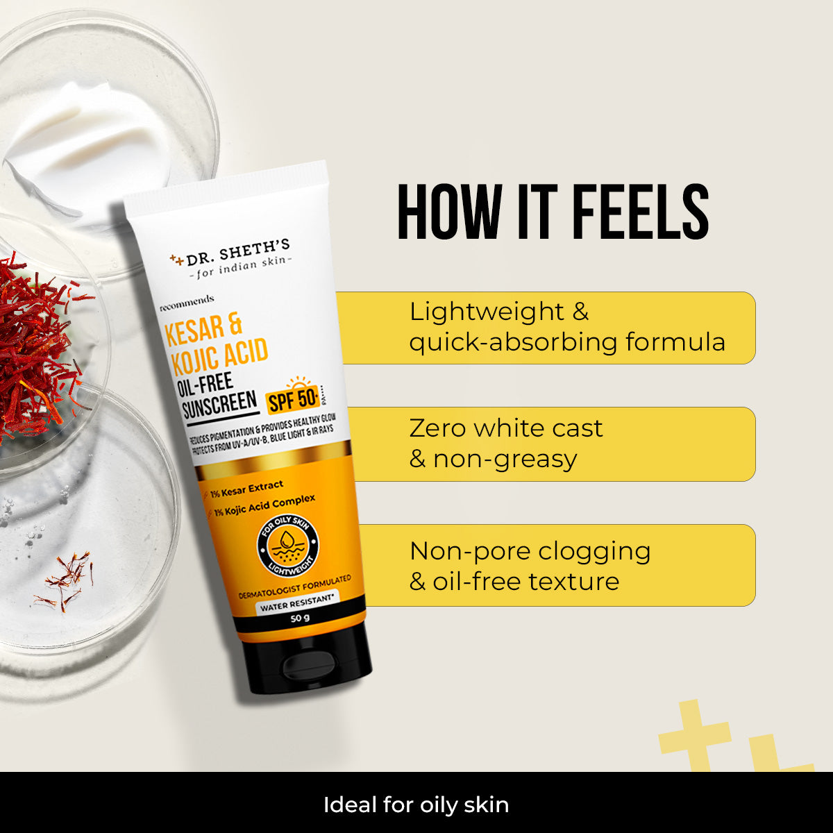 Kesar & Kojic Acid Oil Free Sunscreen - 50g In-Vivo Tested SPF 50+ PA ++++