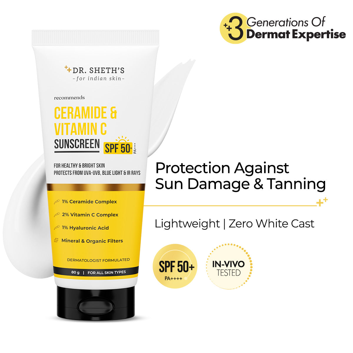 Ceramide & Vitamin C Sunscreen - 80 gm In-Vivo Tested SPF 50+ PA ++++